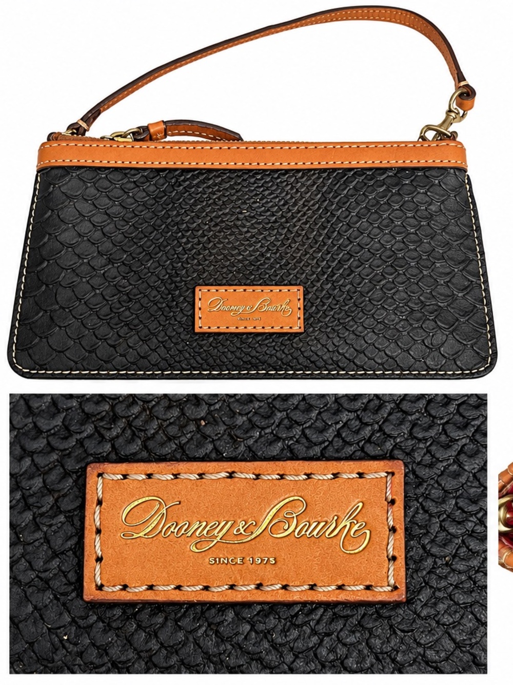 Dooney & Bourke Cara Python Embossed Leather Wristlet Black Tan